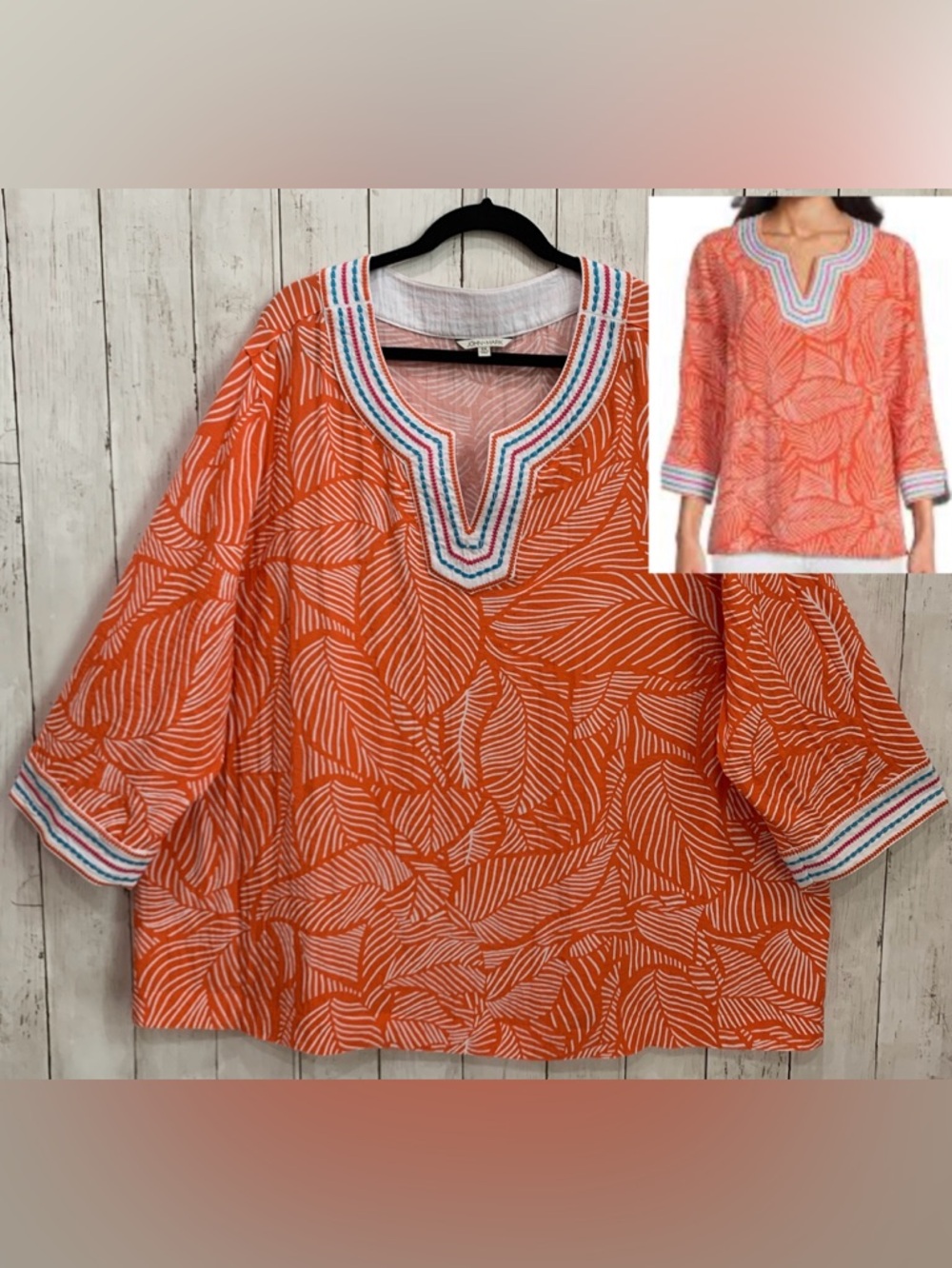 John  Mark Embroidered Boho Top Blouse Women 3X Leaf Print  3/4 Sleeve NWT